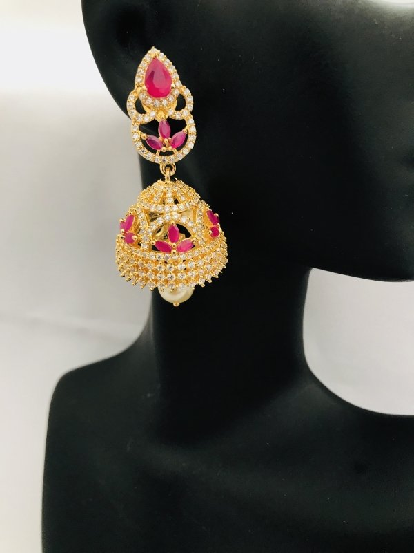 Cz stones and ruby stones with pearls jumka earrings - Globus Fashions