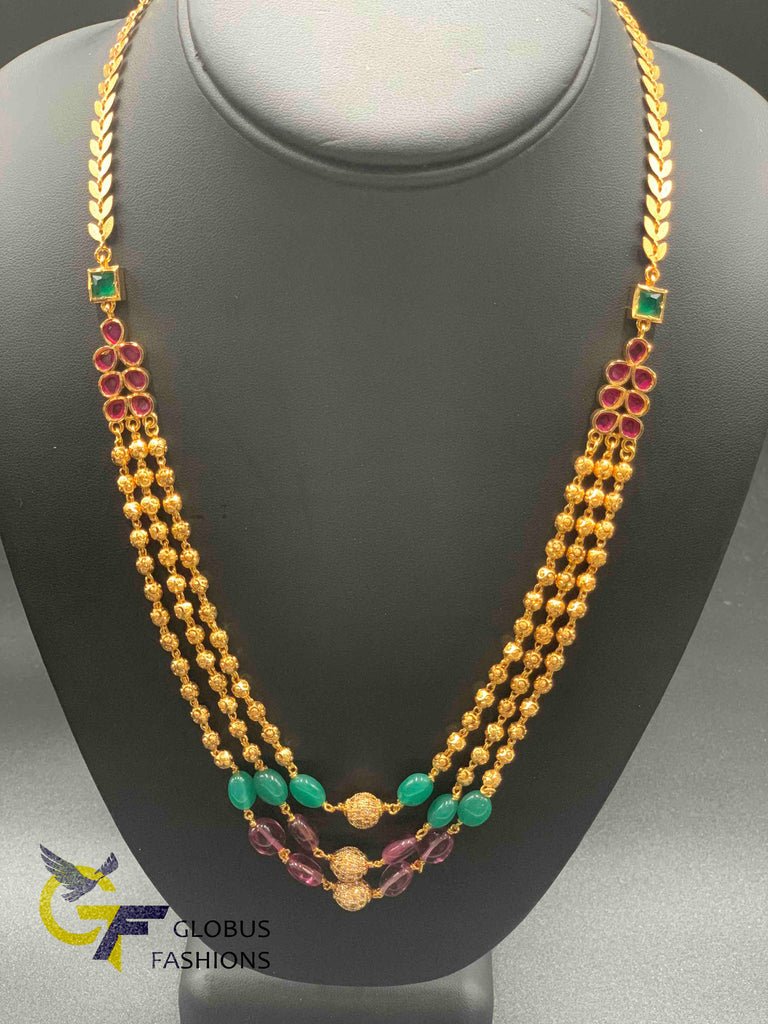 Gold beads and multicolor beads with cz stones balls three string chain
