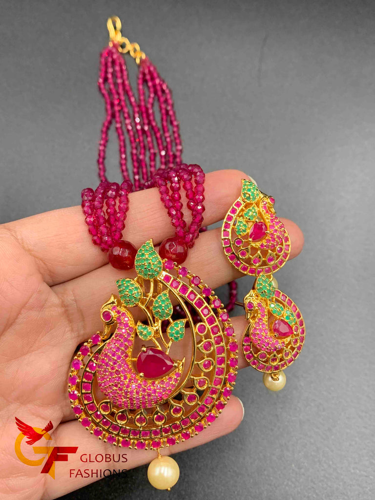 Cute multicolor stones Peacock design pendant with matching pink beads chain
