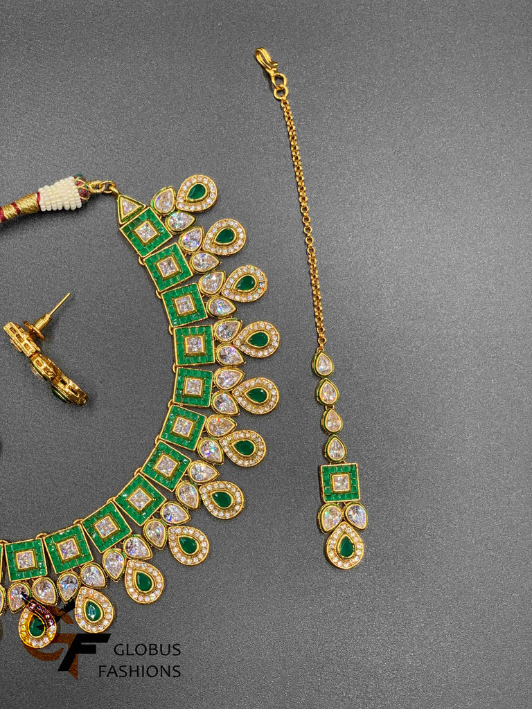 Beautiful rajwadi kundan stones with emerald stones necklace set with Tikka