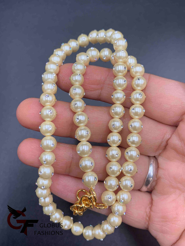 Cream color Pearls with small cz Stones attached with Pearls single line chain