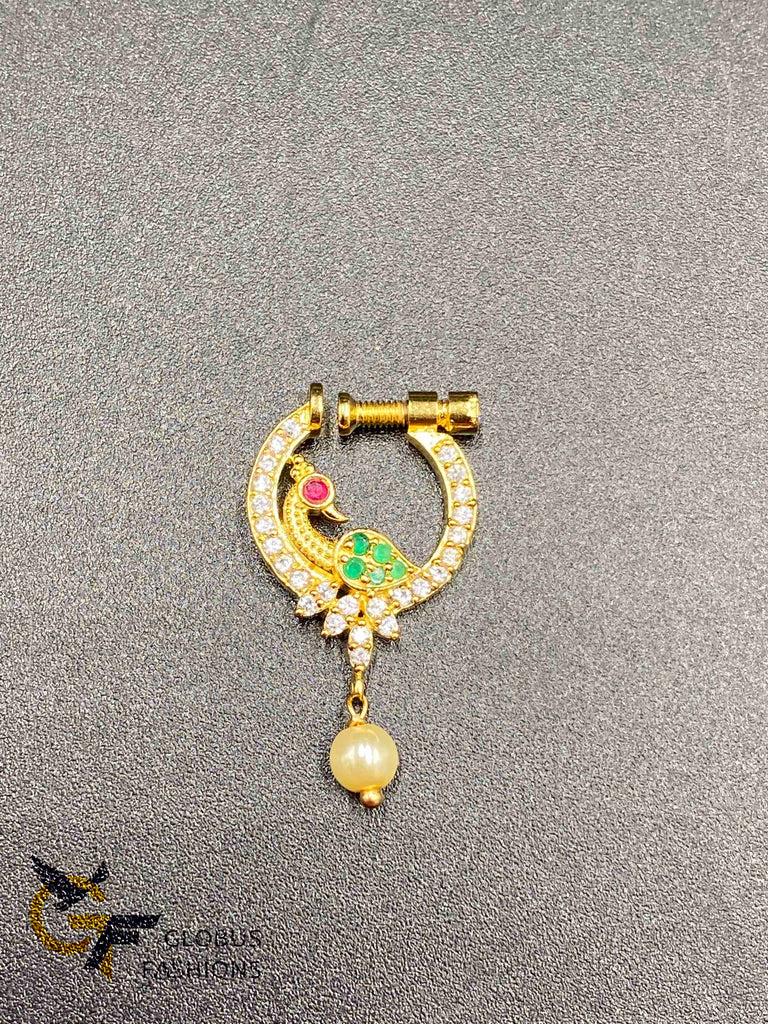 Buy Traditional Multicolor Peacock Design Gold Plated Pearl Nose Ring/Nath  With Chain For Women Online In India At Discounted Prices