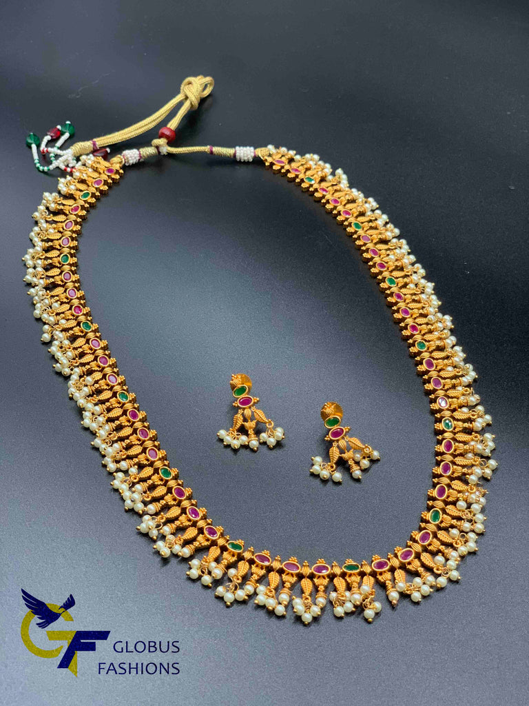 Mat finish multicolor stones with pearls long necklace set