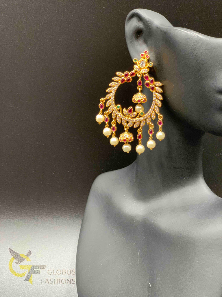 Traditional look ruby stone and cz stones with pearls chandbali earrings
