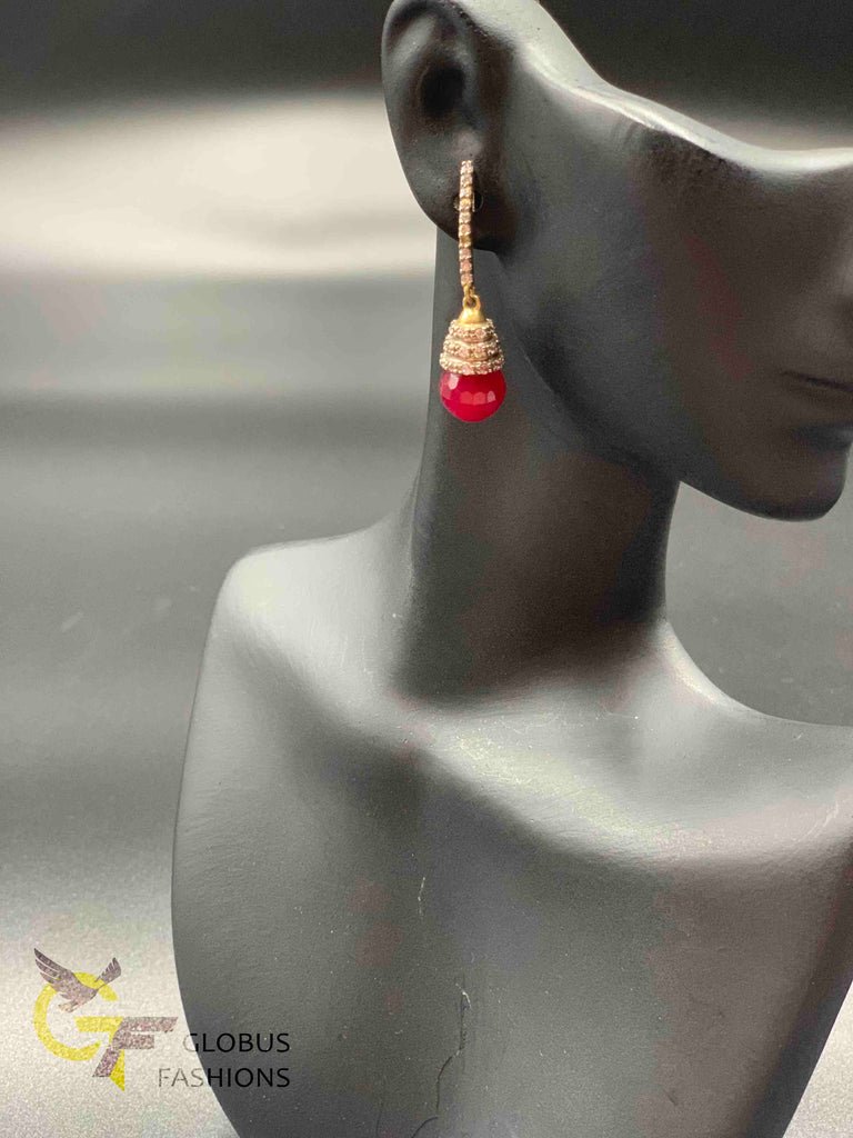 Elegant cz stones with ruby beads small German silver earrings