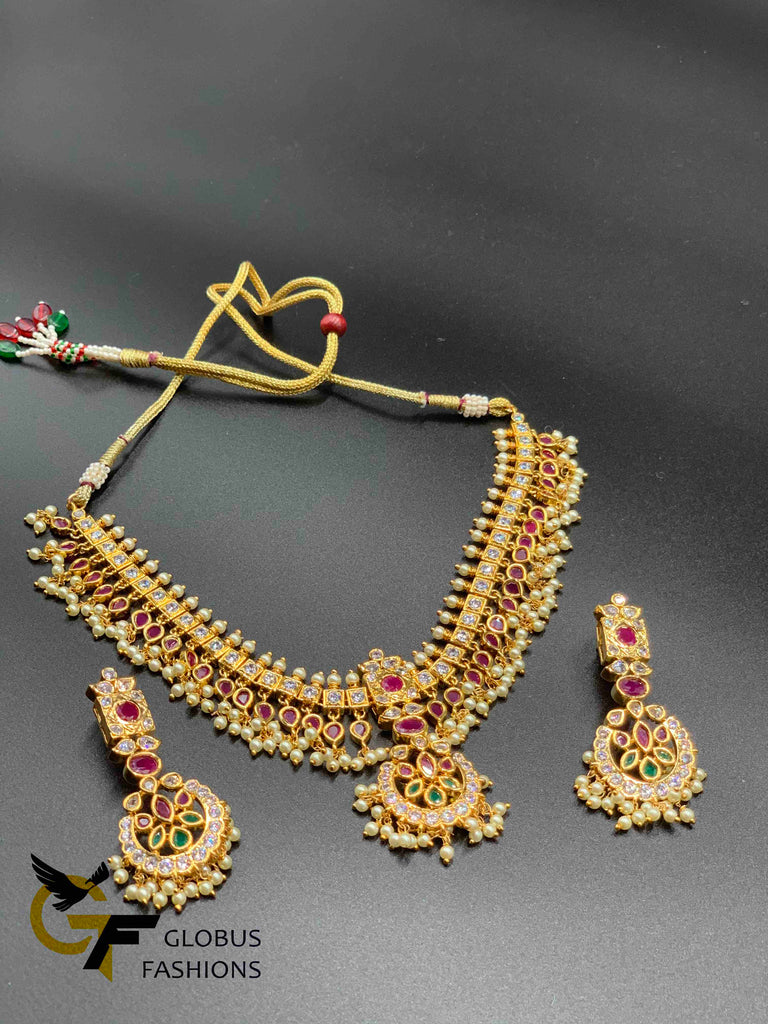 Traditional look multicolor stones with pearls necklace set