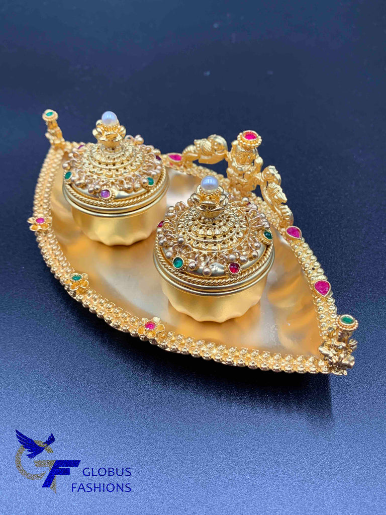 Gold plate with lakshmi print kumkum & Turmeric box