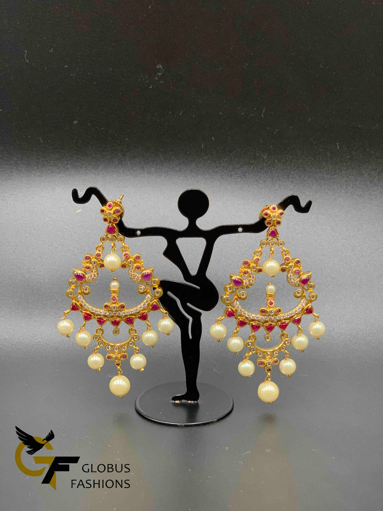 Beautiful peacock design ruby and cz stones with pearls chandbali earrings
