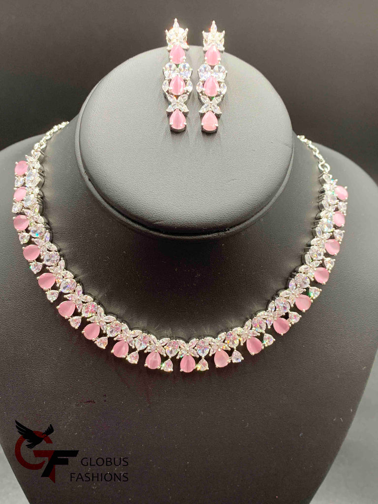 CZ Stones with pink color Stones silver color tone necklace set