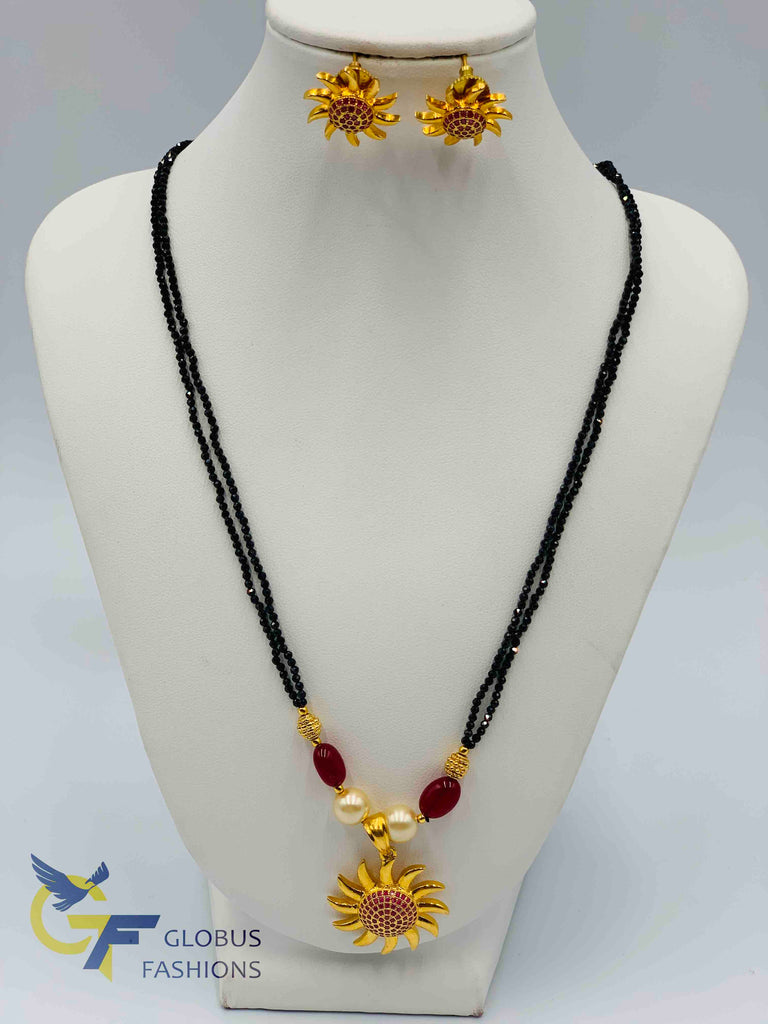 Black diamond beads chain with ruby stones pendant and earrings