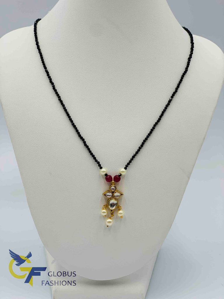 Single line black diamond beads chain with kundan stones pendant