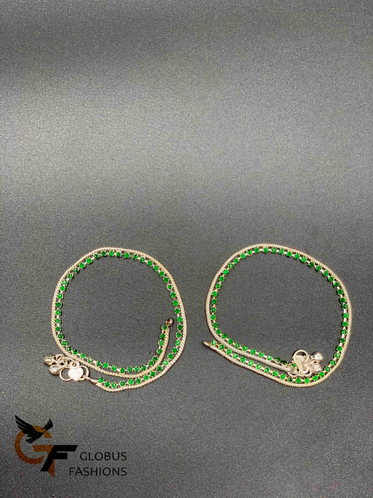 Silver chain with green color stones anklets