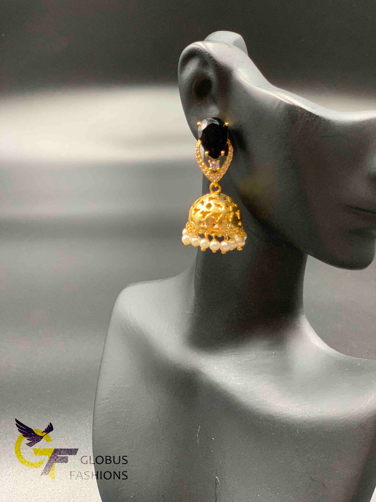 Black stones and cz stones with pearls jumka earrings