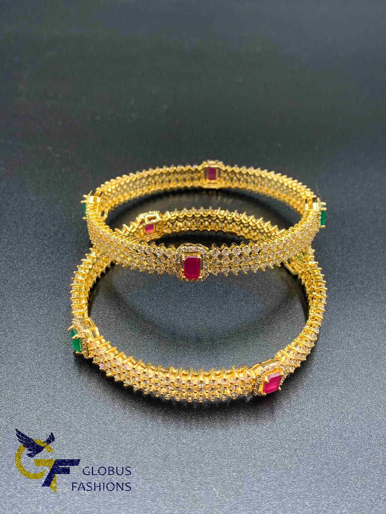 Cz stones and square-shaped ruby and emerald bangles