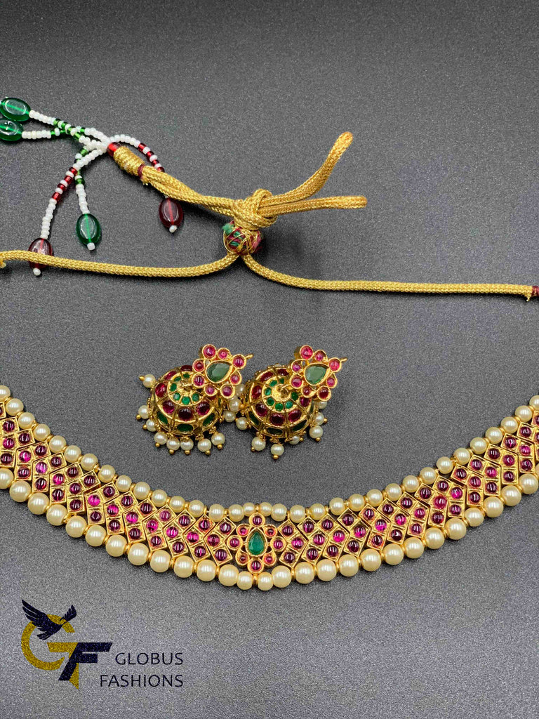 Traditional look Ruby stones with pearls short necklace