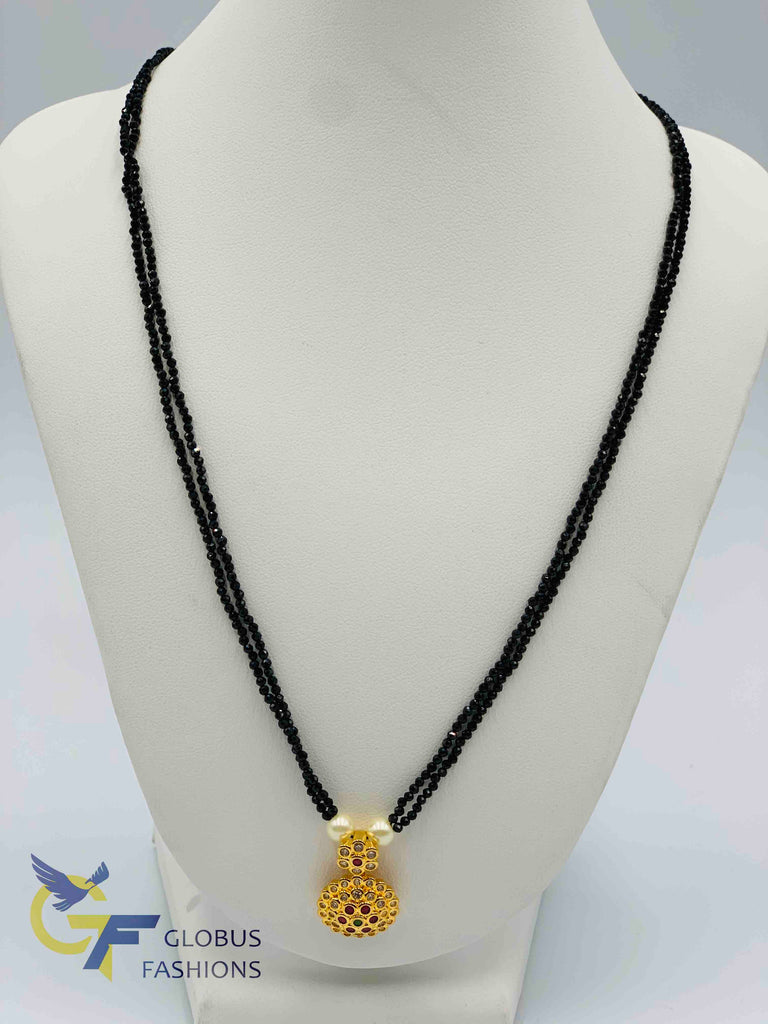 Double line black beads chain with uncut cz stones with multicolor stones pendant