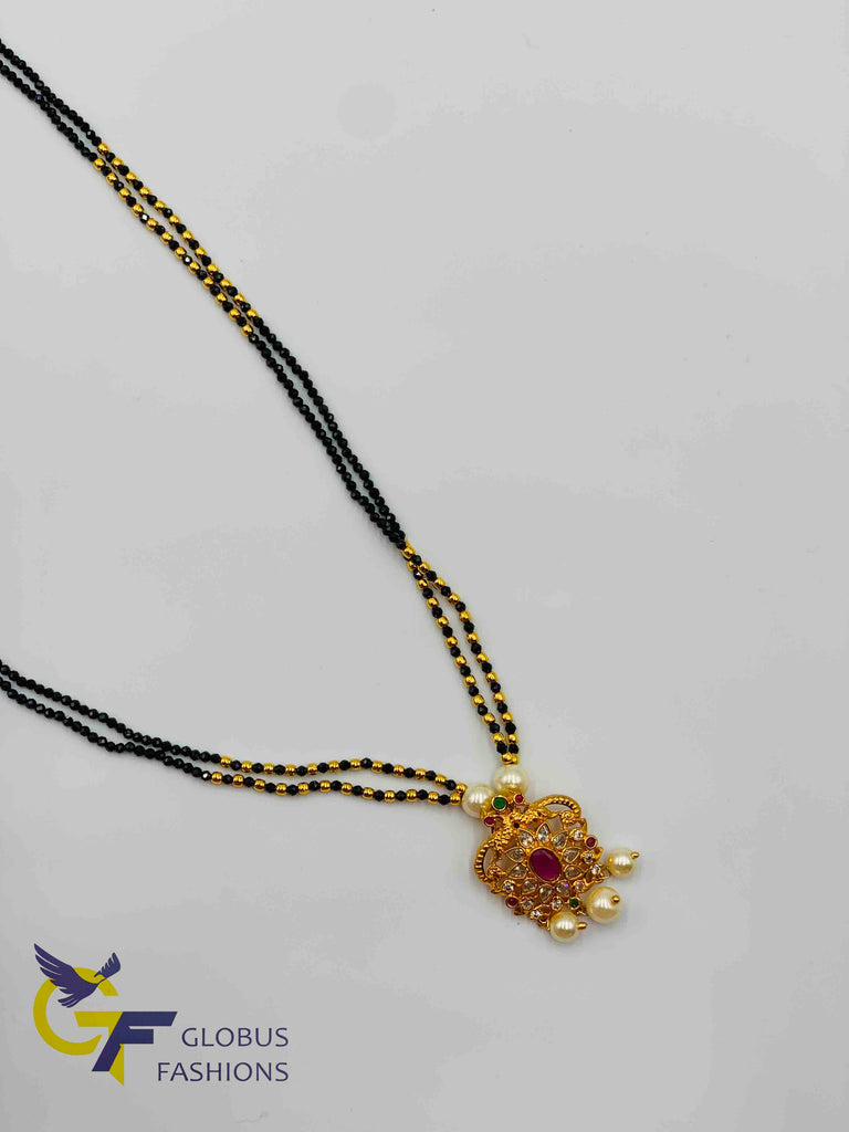 Black diamond beads chain with small multicolor stones pendant