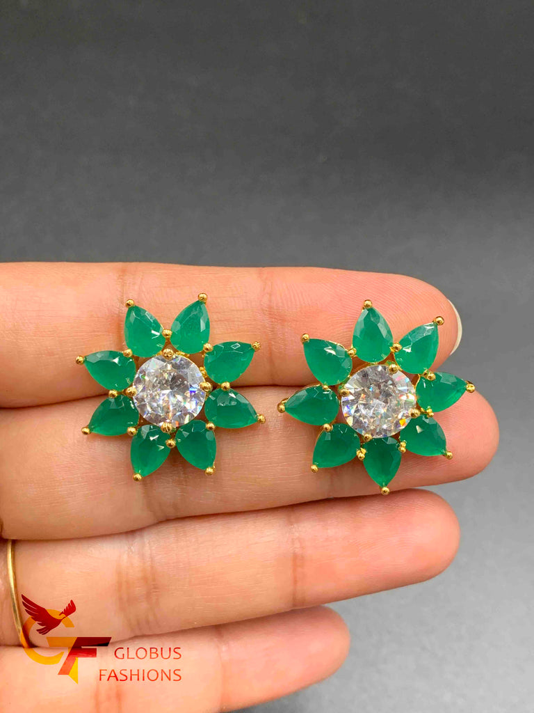 Traditional look emerald and cz stone big size earrings