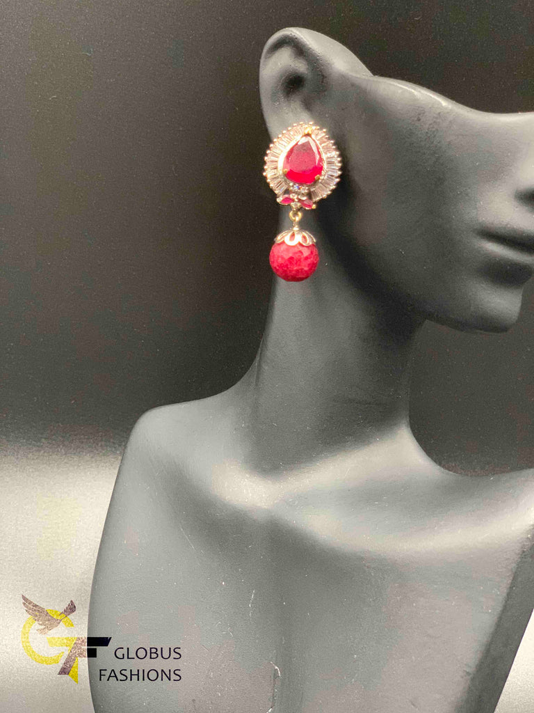 Cute ruby and cz stones German silver earrings