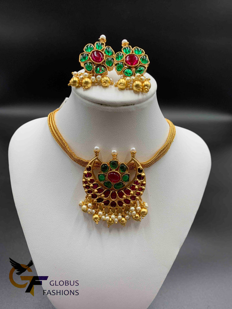 Traditional Ruby & Emerald Stones with Pearls choker necklace with matching earrings