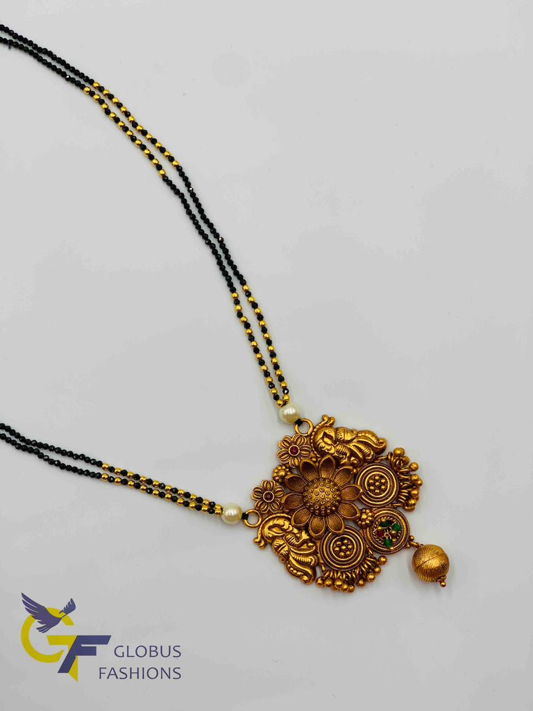 Cute black diamond beads chain with antique look peacock with flower design pendant