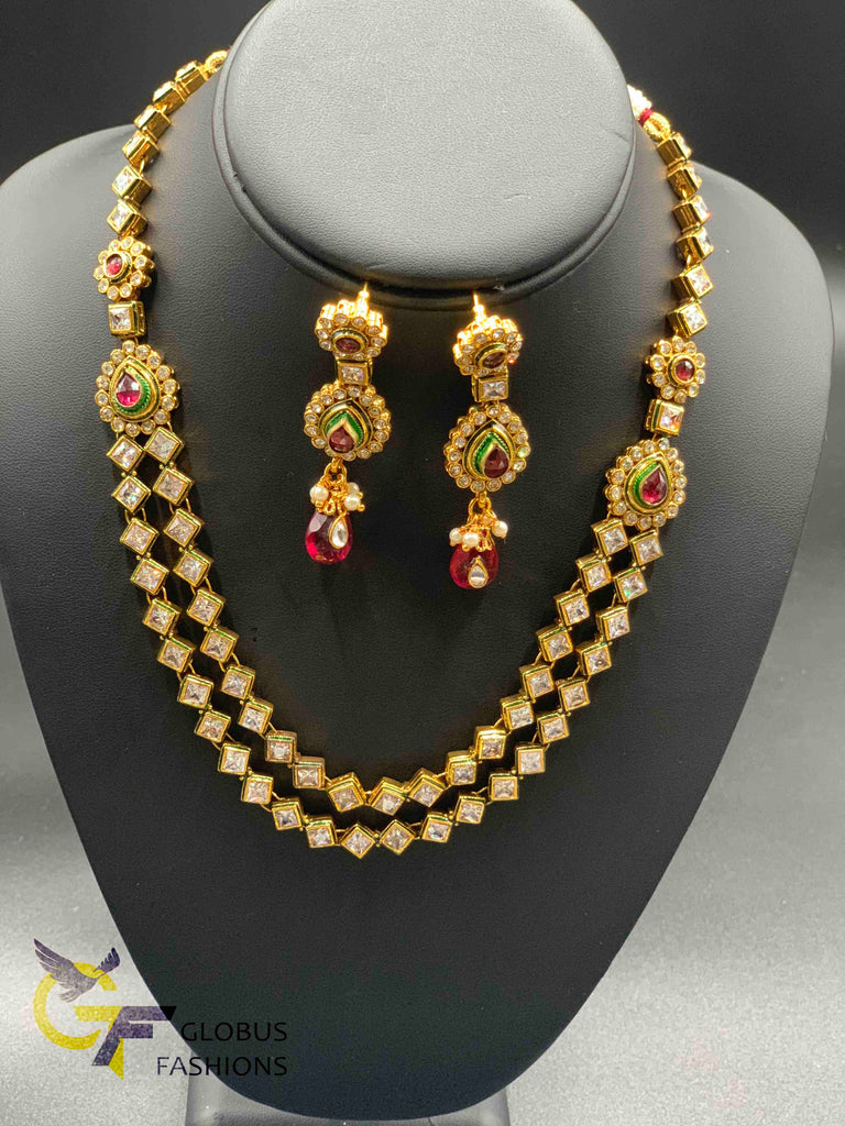 Beautiful and traditional polki stones double step necklace set
