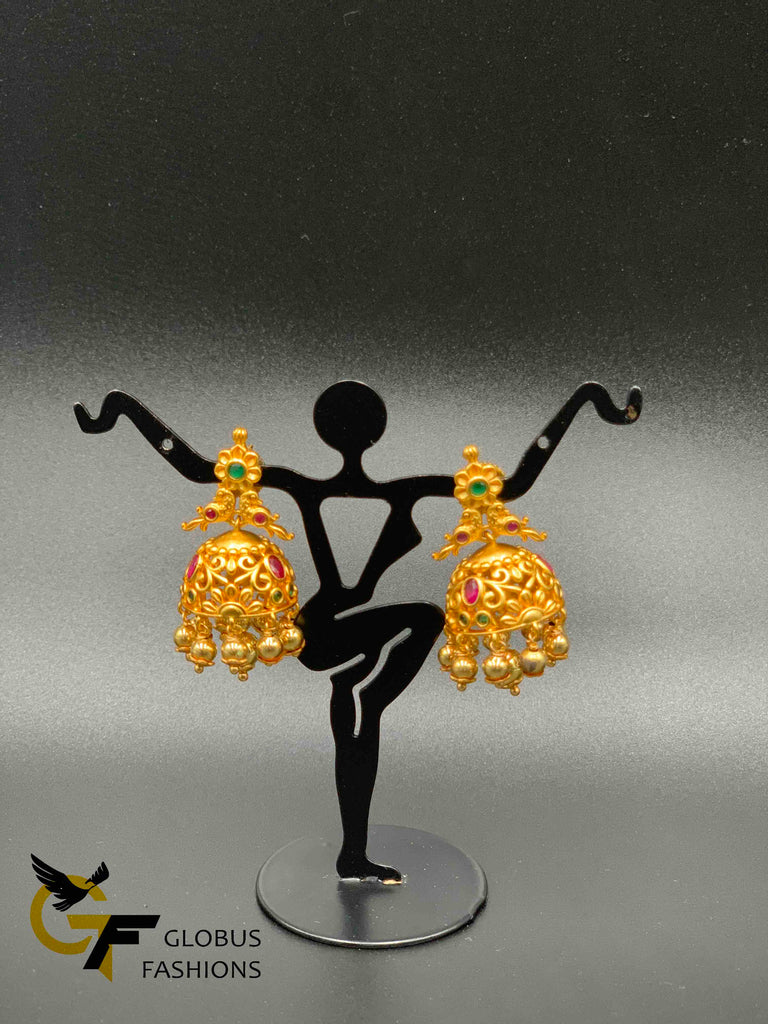 Peacock design multicolor stones with plain gold beads jumka earrings