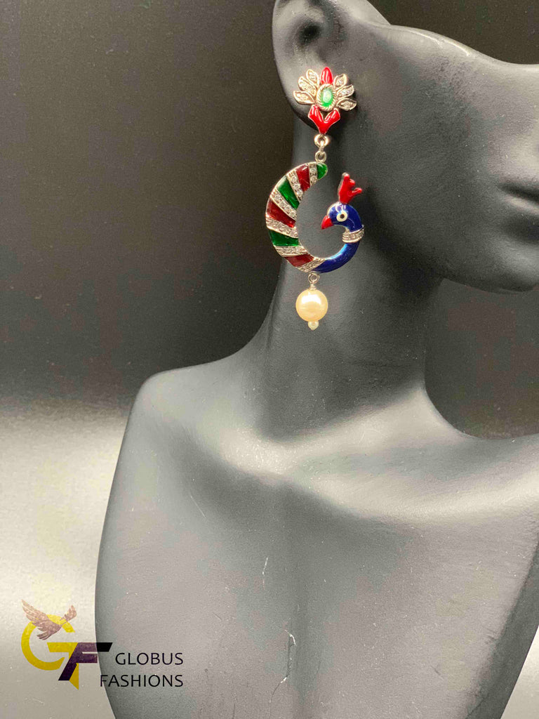 Cute enamel paint peacock design German silver earrings