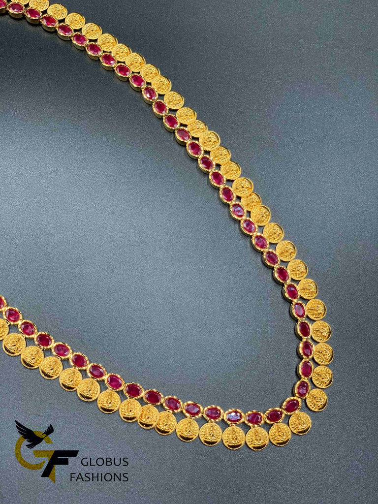 Traditional Lakshmi print coins with ruby stones long necklace set