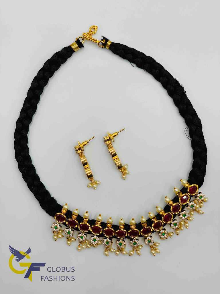 Multicolor stone and pearls pendant with braided black silk thread chain and matching earrings