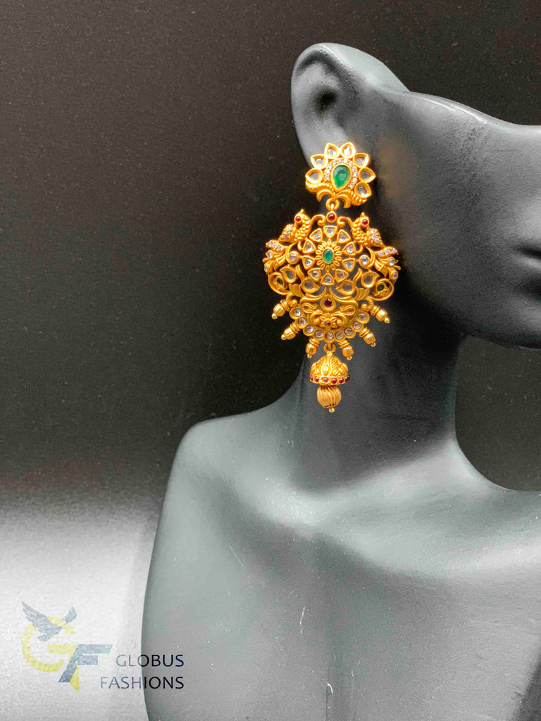 Antique look Peacock design uncut CZ stones with emerald stones chandbali earrings