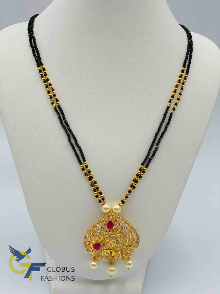 Elegant peacock design pendant with black diamond beads chain