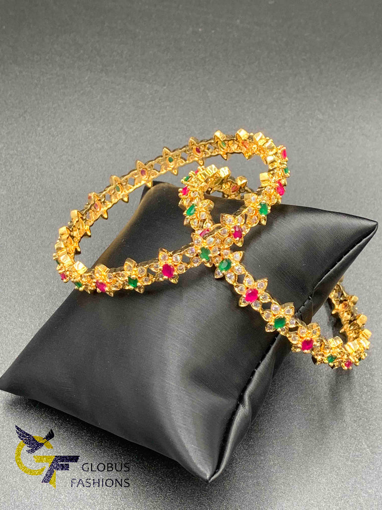 Flower design multicolor stones set of two bangles