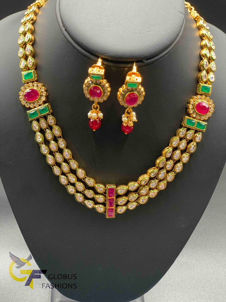 Cute rajwadi kundan stones with multicol stones three line necklace set