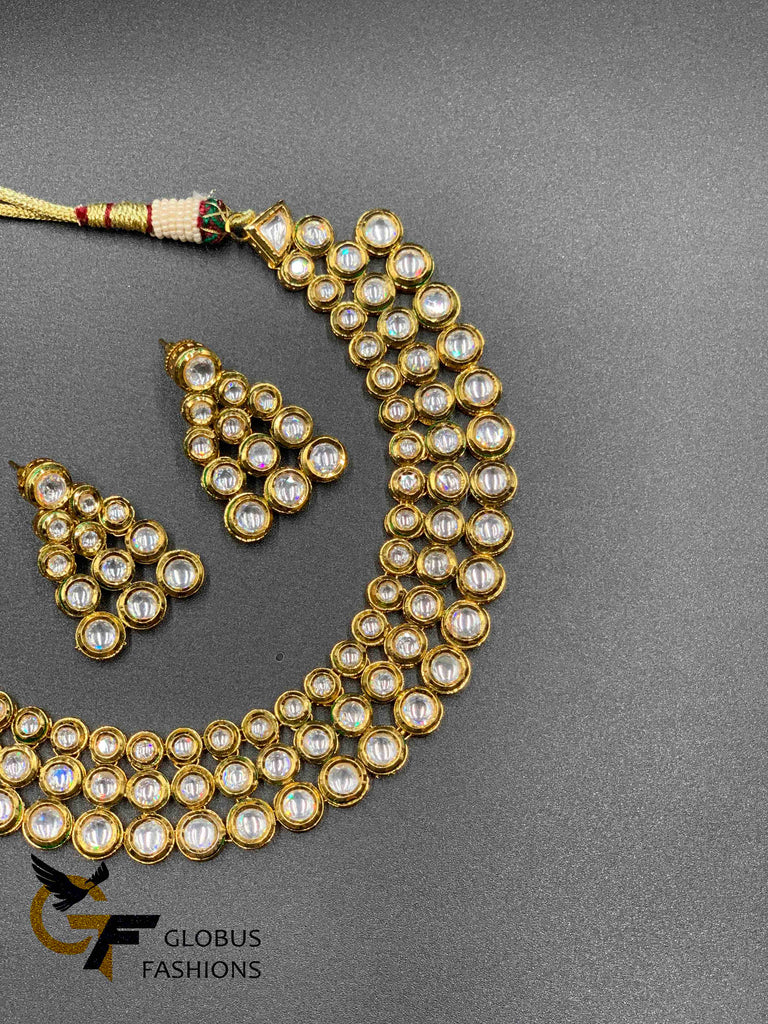 Cute three line kundan stones necklace set