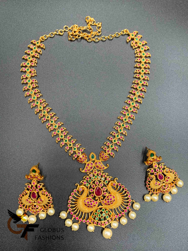 Antique look Peacock design multicolor stones and pearls  necklace set