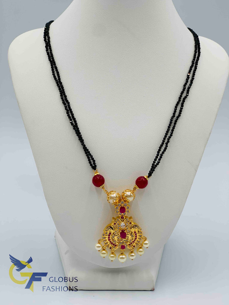 Traditional look peacock design pendant with black diamond beads chain