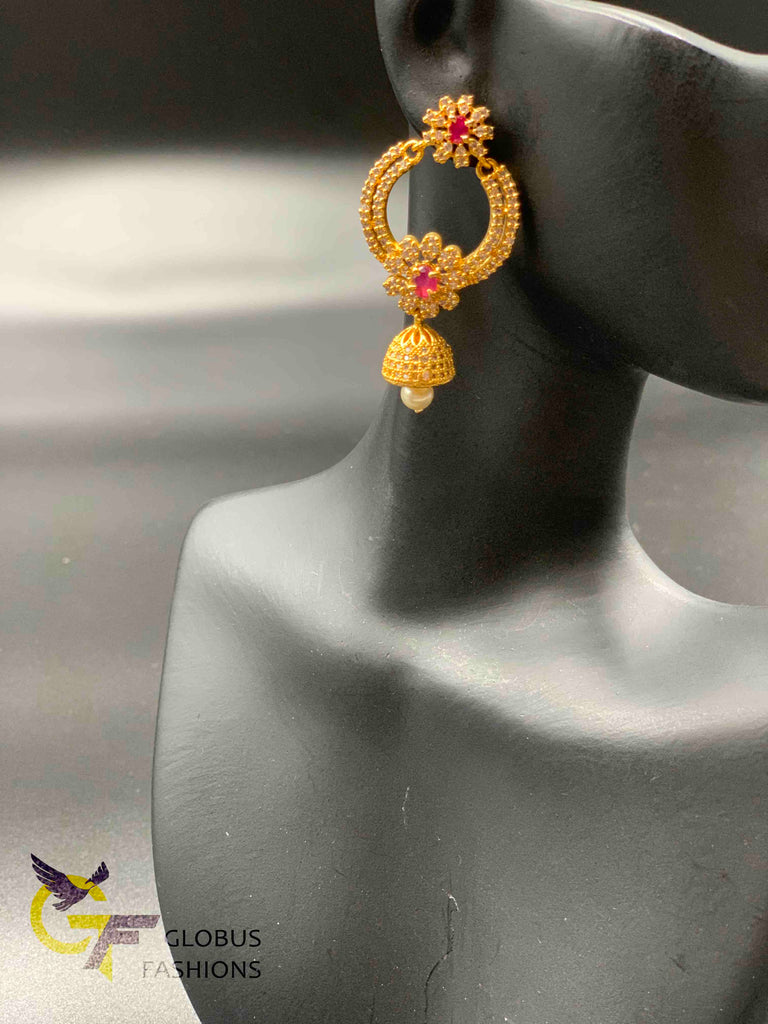 Cz stones and ruby stones chandbali jumka earrings