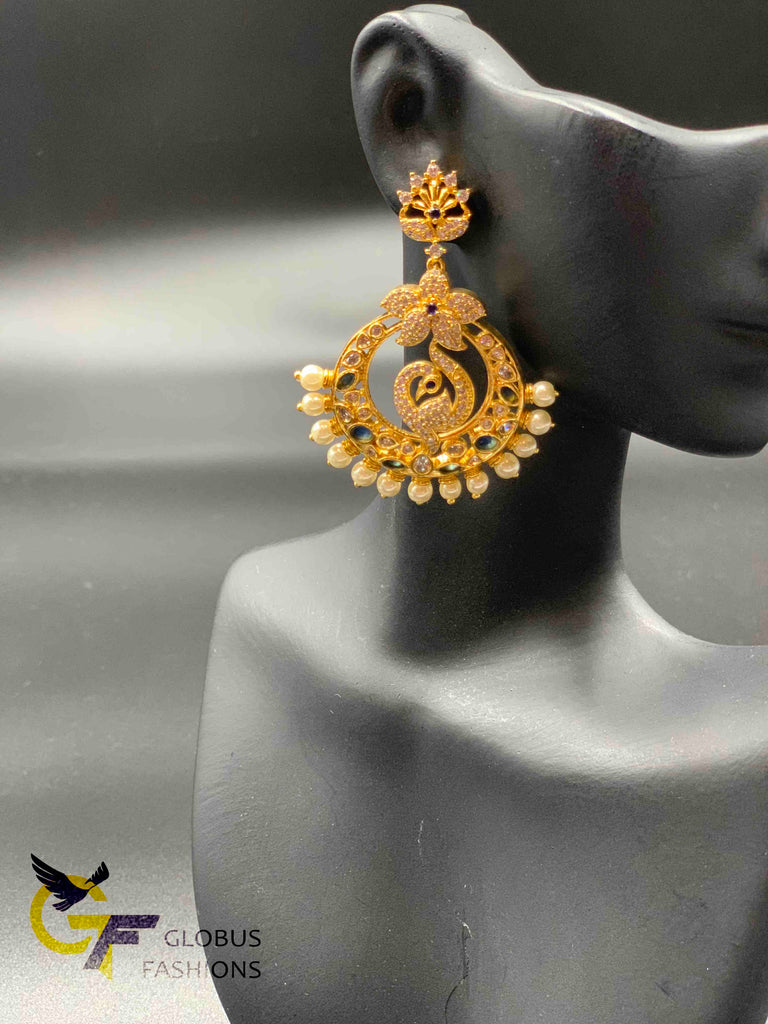 Cz stones and Sapphire stones Peacock design chandbali earrings