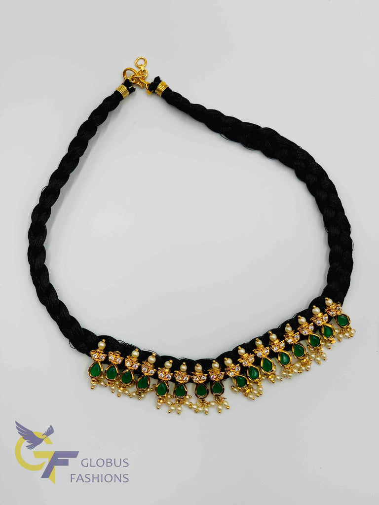 Emeralds and cz stones with pearls pendants with black silk thread braided chain