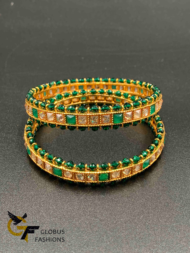 Elegant emerald beads & Stones with kundan stones set of two bangles