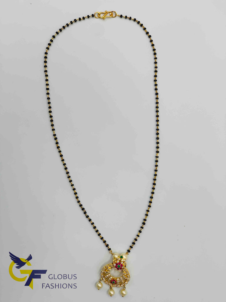 Multicolor stones with pearls pendant with a single line black beads chain