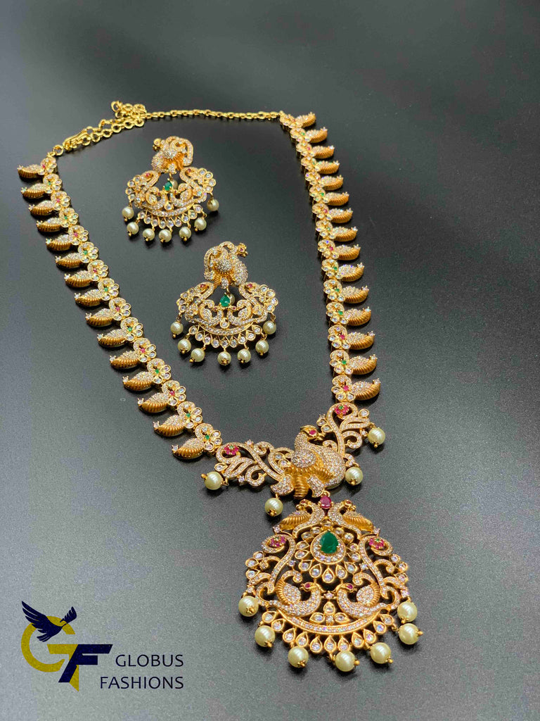 Traditional mango design with Peacock design Multicolore stones long necklace set