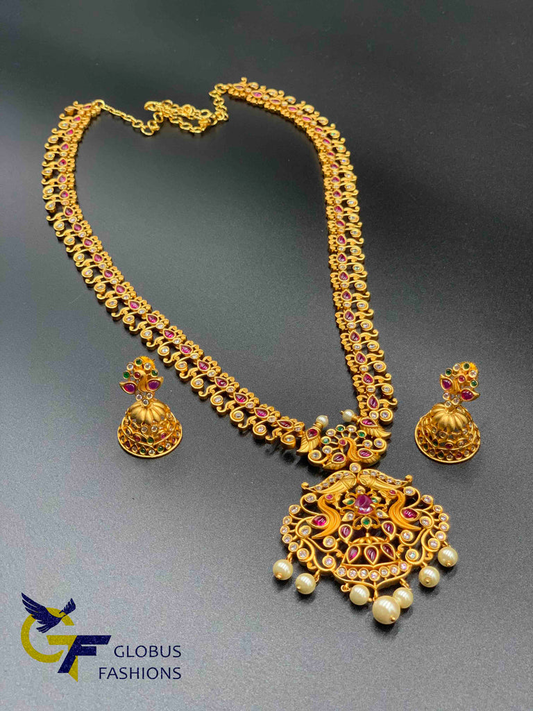 Traditional Ruby and ca stones with pearls antique gold long necklace set