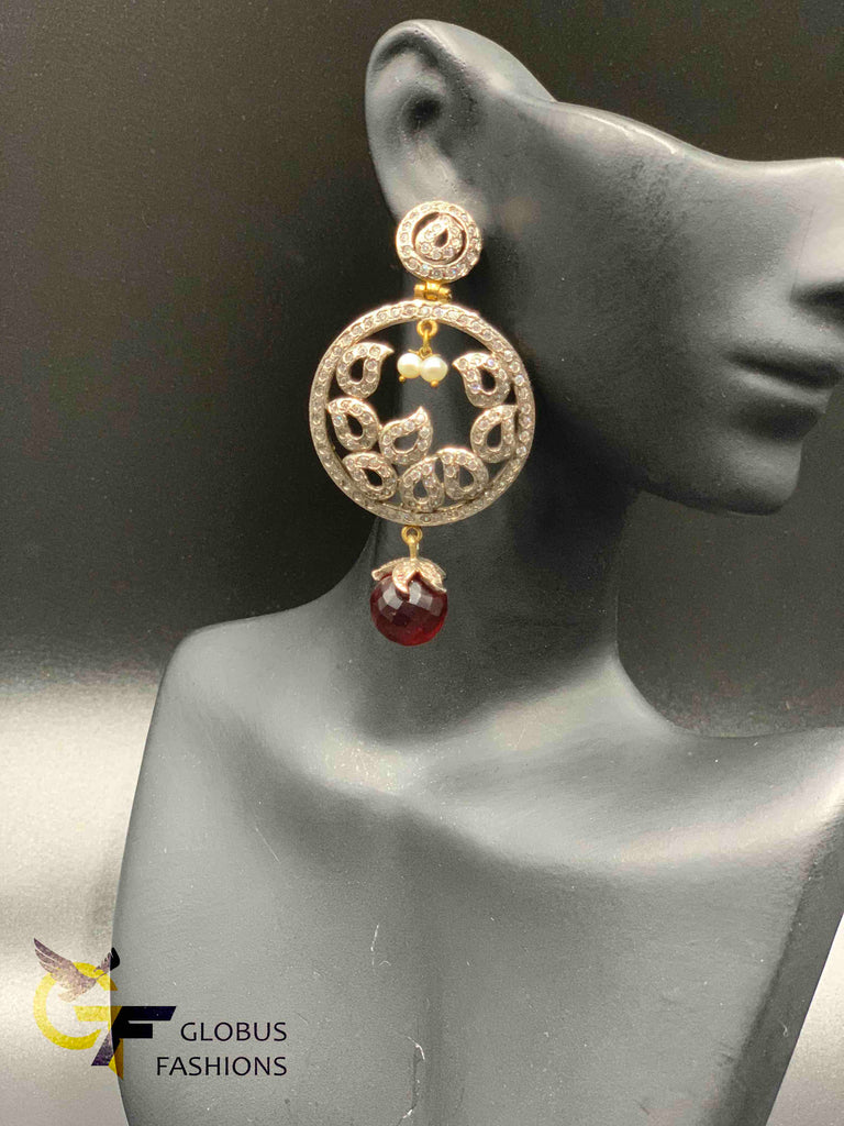 Traditional look cz stones with ruby beads German silver earrings