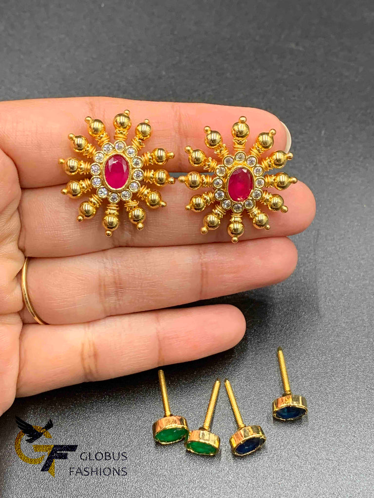 Premium Quality Multi Stones,Triangle Flower Design Gold Finished  Changeable Stud Earrings Set Buy Online