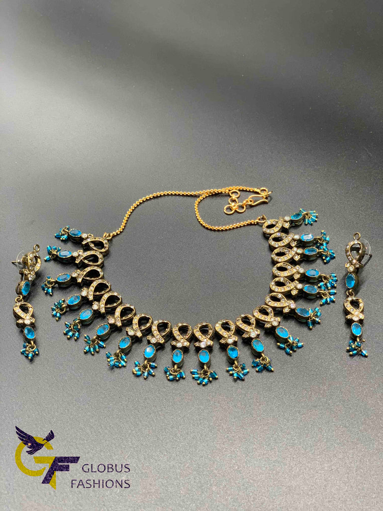 Ad (American Diamond) Necklace, Rhodium Polish, Dark Blue stone color