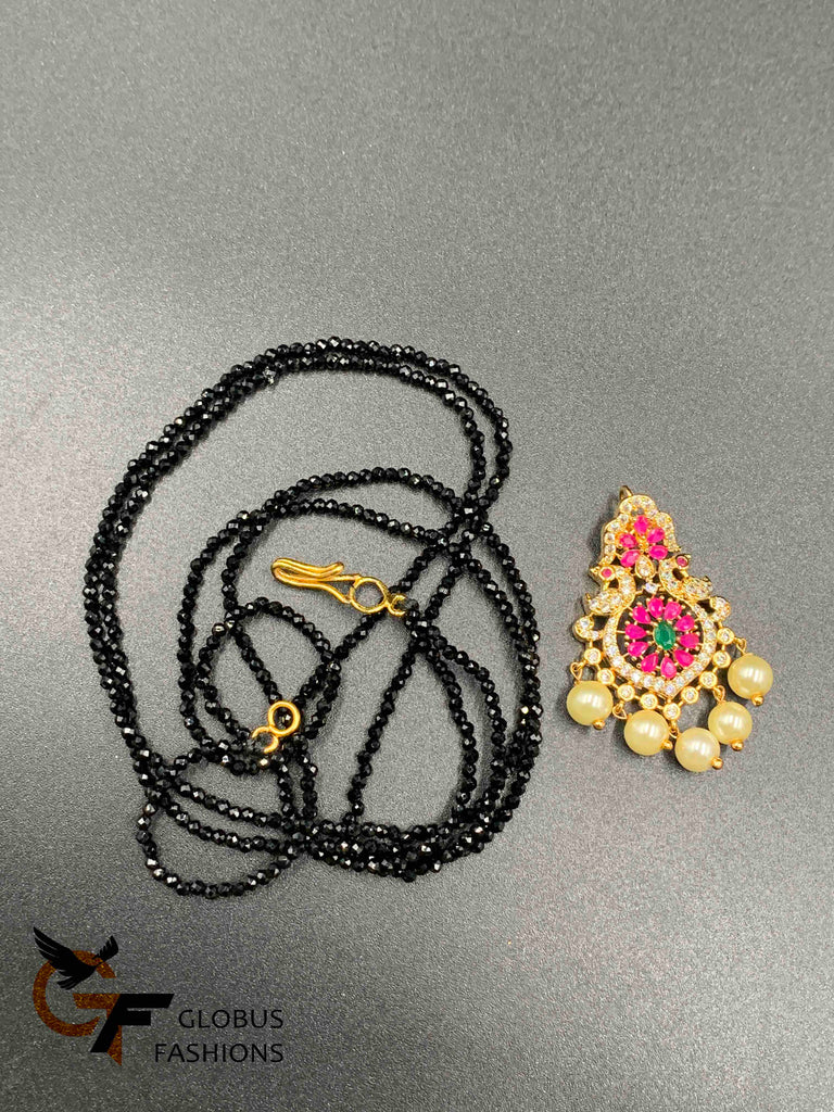 Multicolor stones peacock design pendant with double line black Diamond beads chain