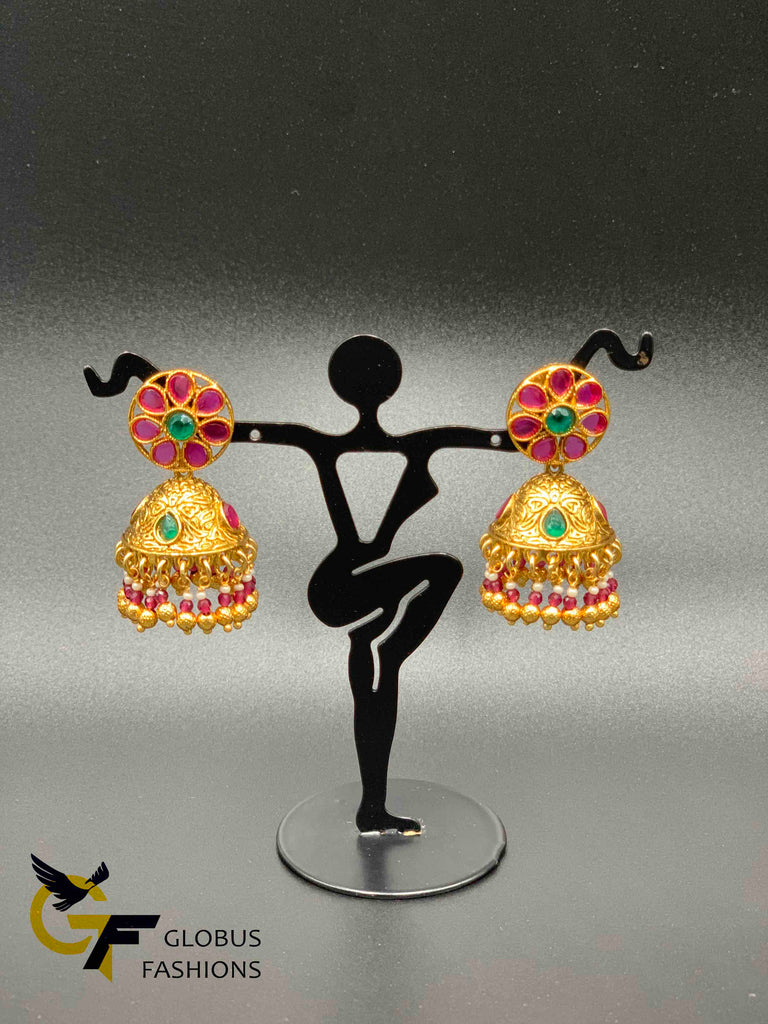 Traditional look multicolor stones with gold beads jumka earrings