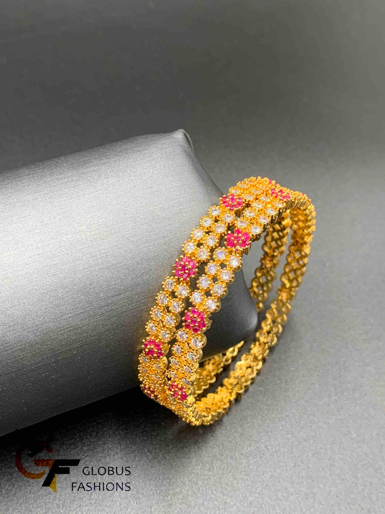Double line cz stones with ruby  stones set of two bangles